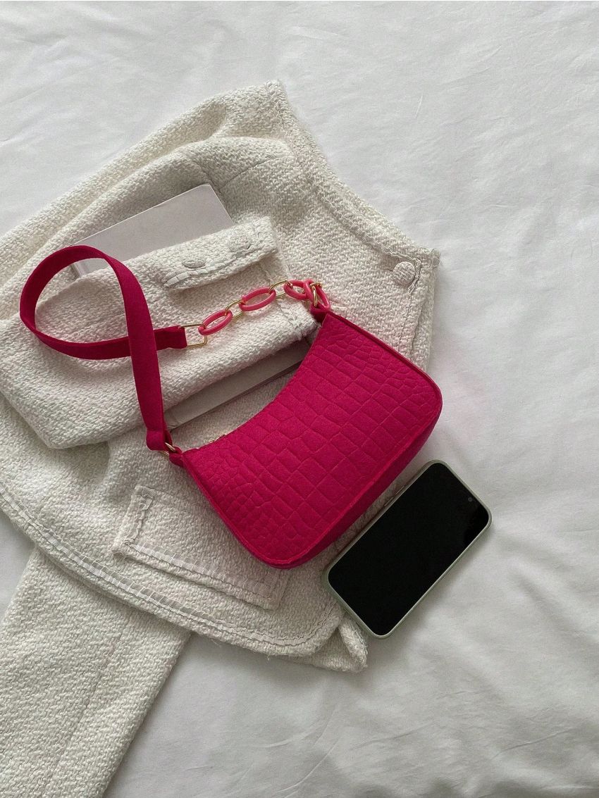 Fluorescent Pink Fashionable Hobo Bag With Metal Chain