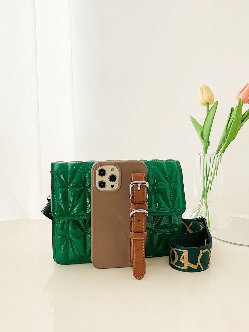 Quilted Square Bag Black Flap Adjustable Strap Fashionable