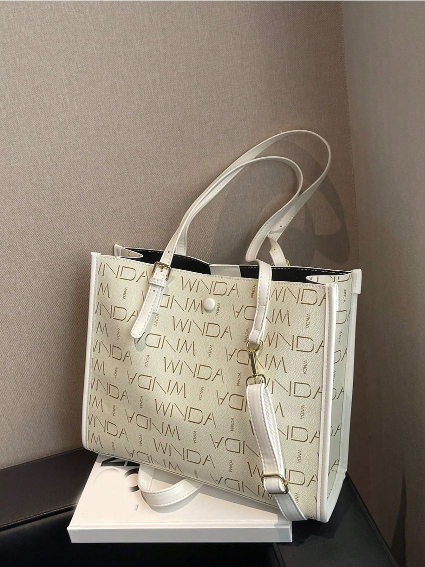 Small Shoulder Tote Bag Letter Graphic Button Decor