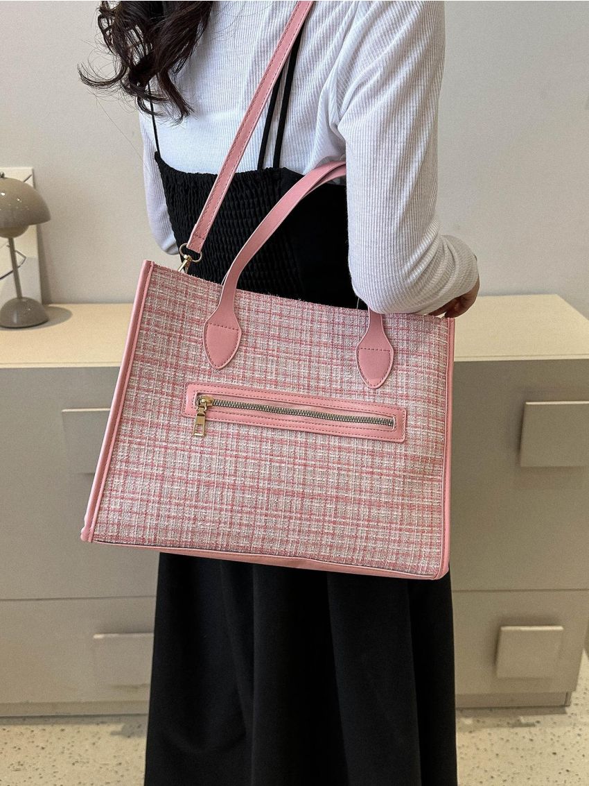 Small Shoulder Tote Bag Plaid Pattern Zip Front