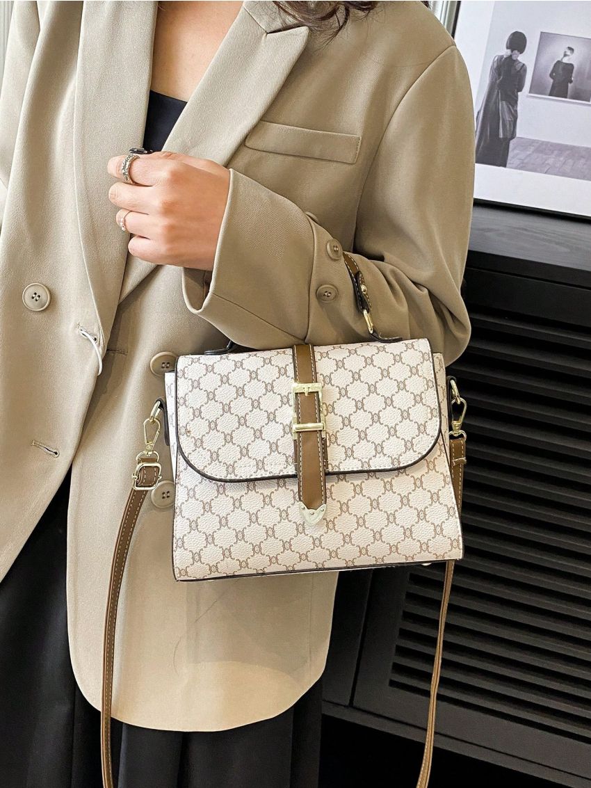 Geometric Pattern Buckle Decor Flap Square Bag Beige Elegant Top Handle