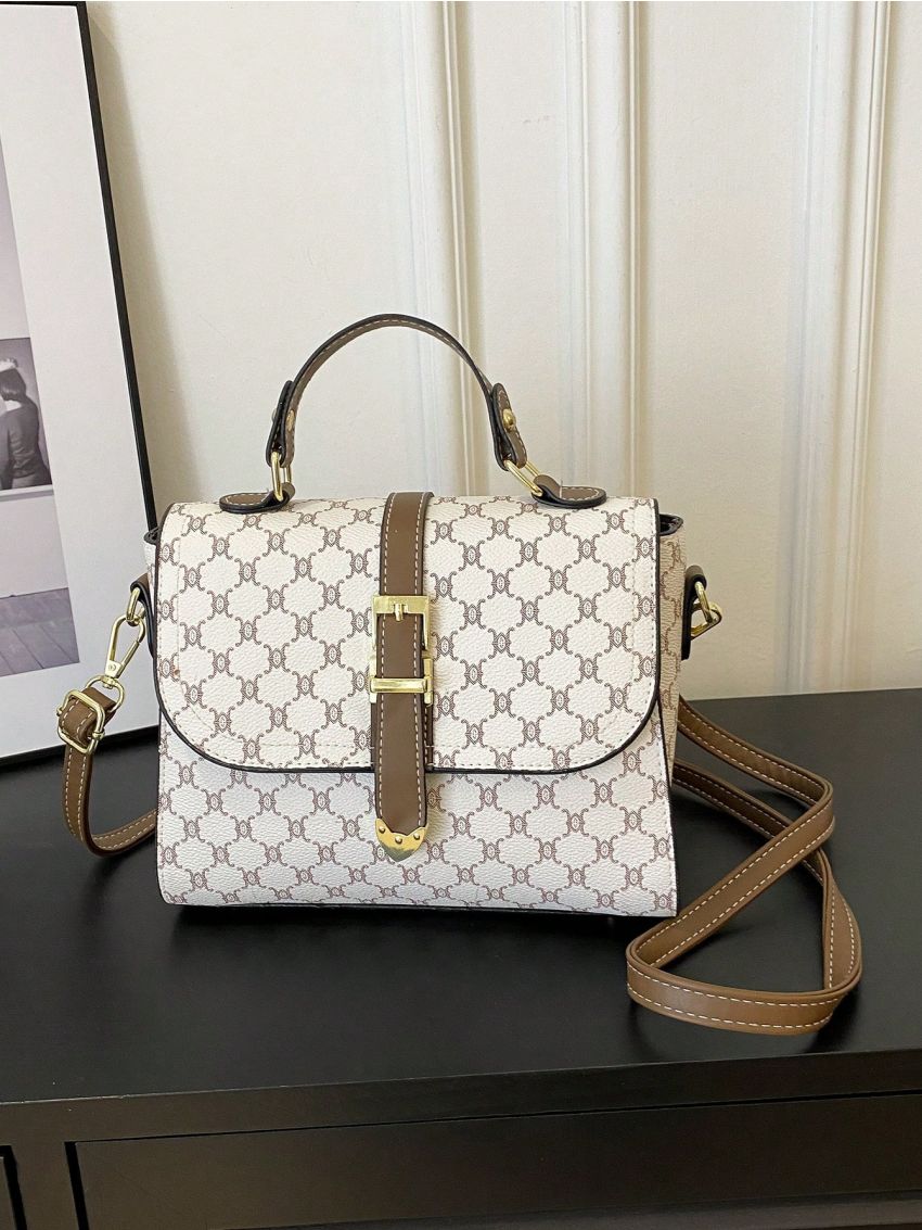 Geometric Pattern Buckle Decor Flap Square Bag Beige Elegant Top Handle