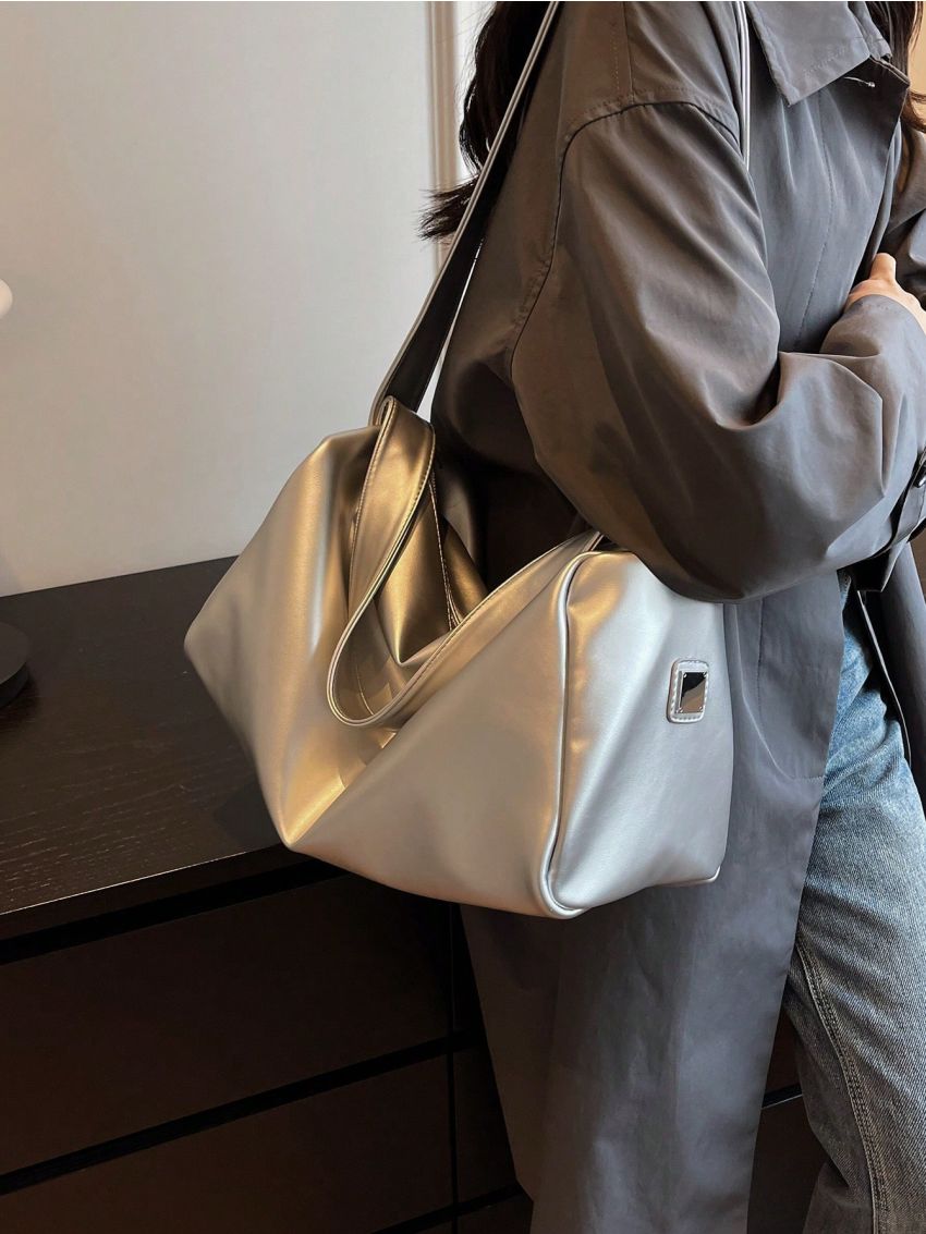 Large Capacity Hobo Bag Silver Funky With Zipper