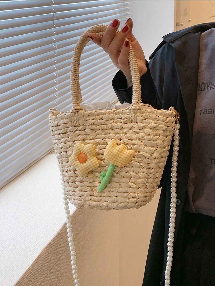 Mini Flower Decor Drawstring Design Straw Bag For Vacation