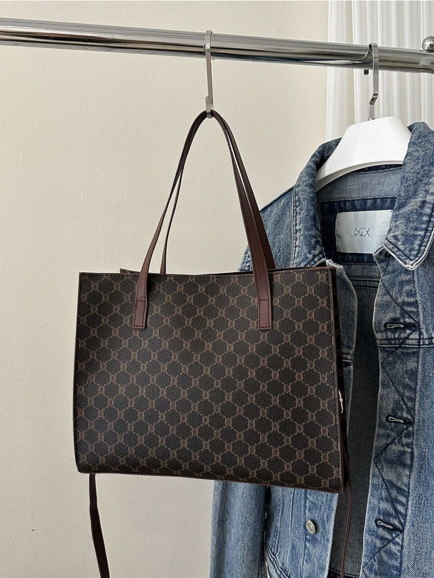 Geometric Pattern Square Bag Brown Fashionable Double Handle