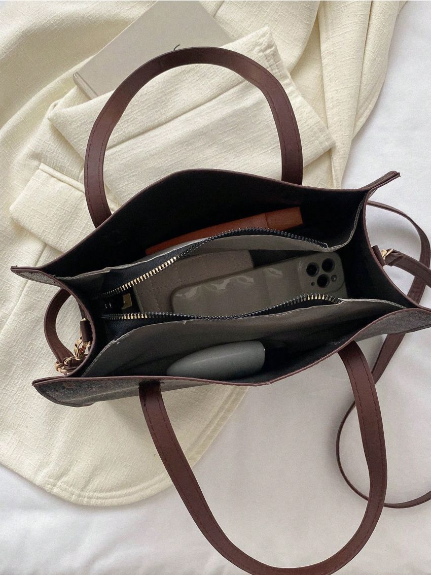 Geometric Pattern Square Bag Brown Fashionable Double Handle