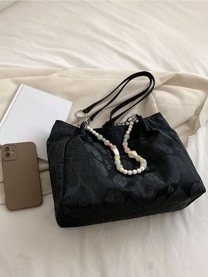 Heart Pattern Shoulder Tote Bag Black Fashionable Double Handle