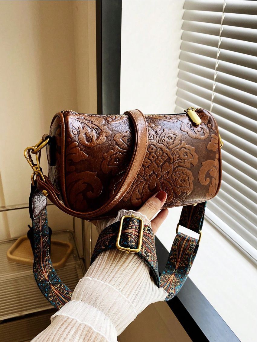 Floral Embossed Square Bag Brown Fashionable Adjustable Strap