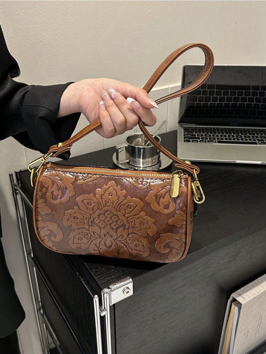 Floral Embossed Square Bag Brown Fashionable Adjustable Strap