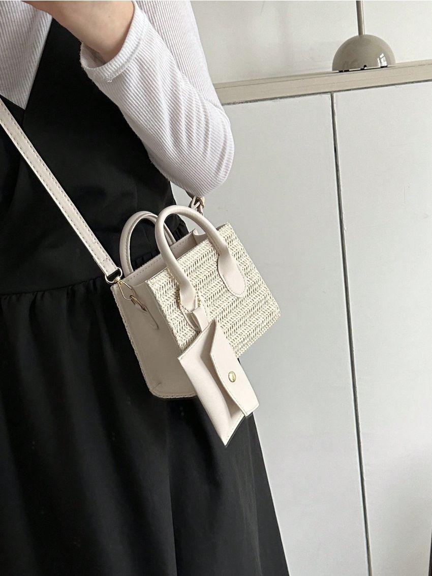 Mini Minimalist Straw Bag Beige Double Handle With Coin Purse