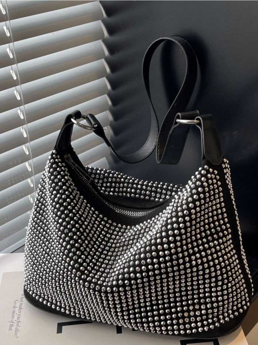 Black Hobo Bag Studded Decor Punk Adjustable Strap