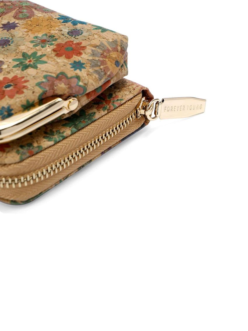 Flower Pattern Phone Wallet Chain Strap Phone Wallet With Kiss Lock & Zipper Pu