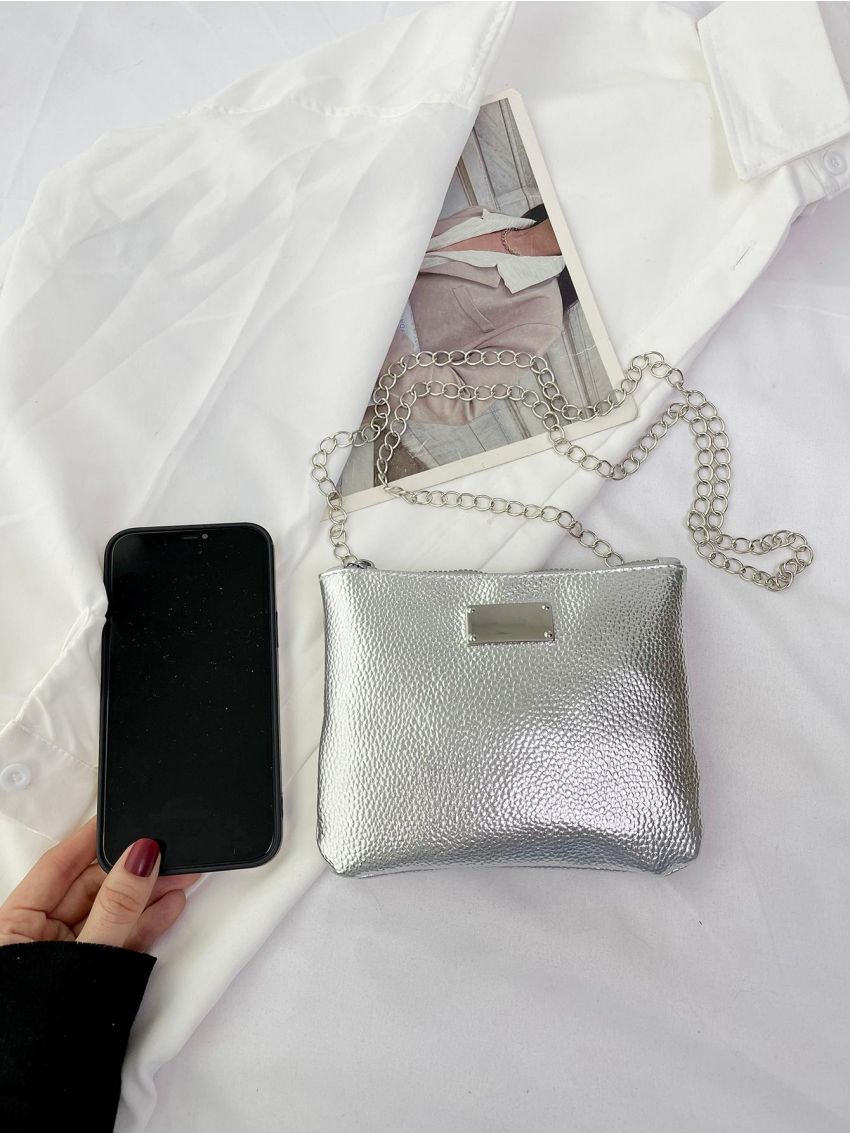Mini Litchi Embossed Square Bag Metal Decor Silver Funky Chain Strap