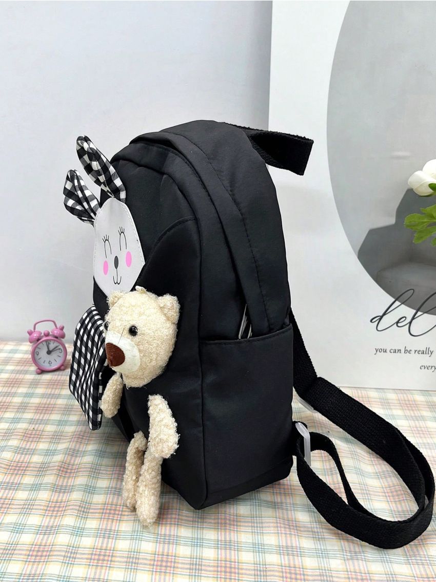 Gingham Pattern Classic Backpack Cartoon Rabbit & Bear Decor Preppy