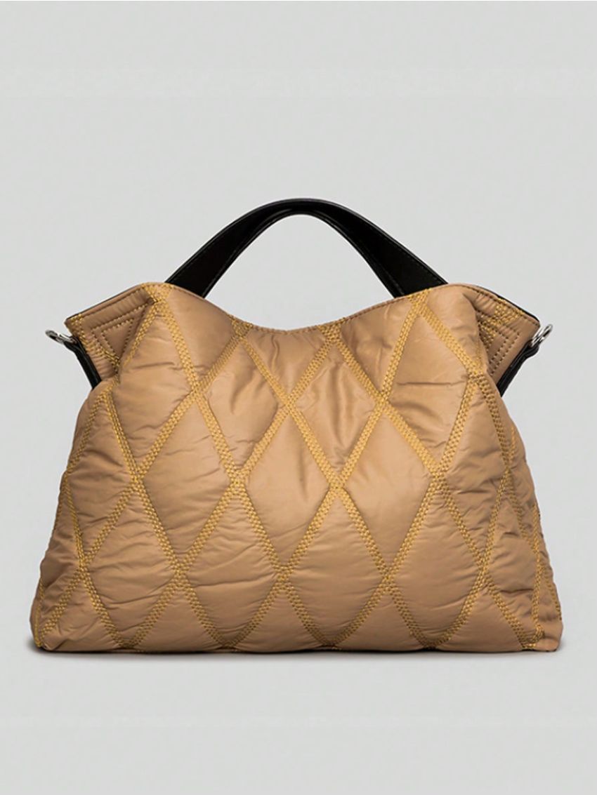 Large Khaki Top Handle Bag Minimalist Argyle Quilted