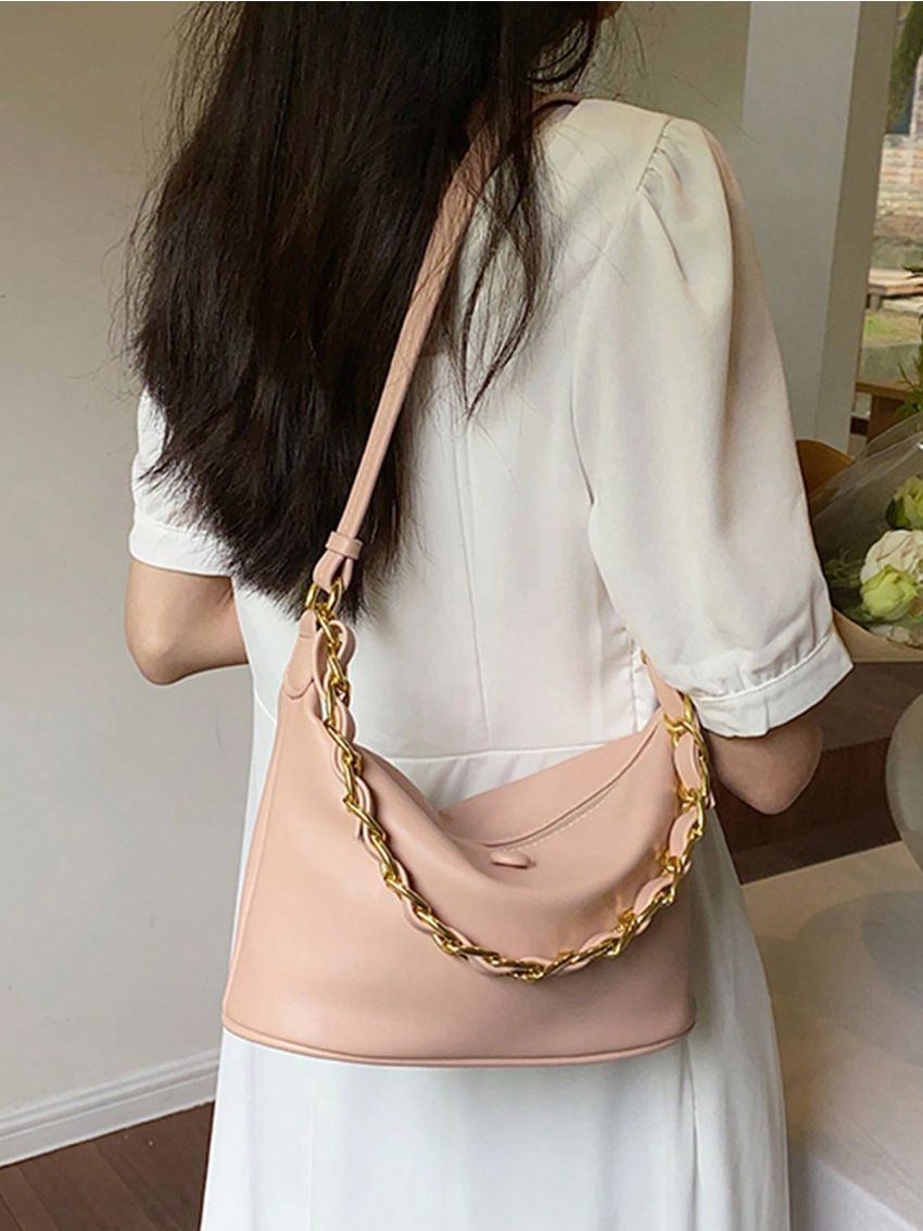 Pink Hobo Bag Fashionable Chain Decor PU