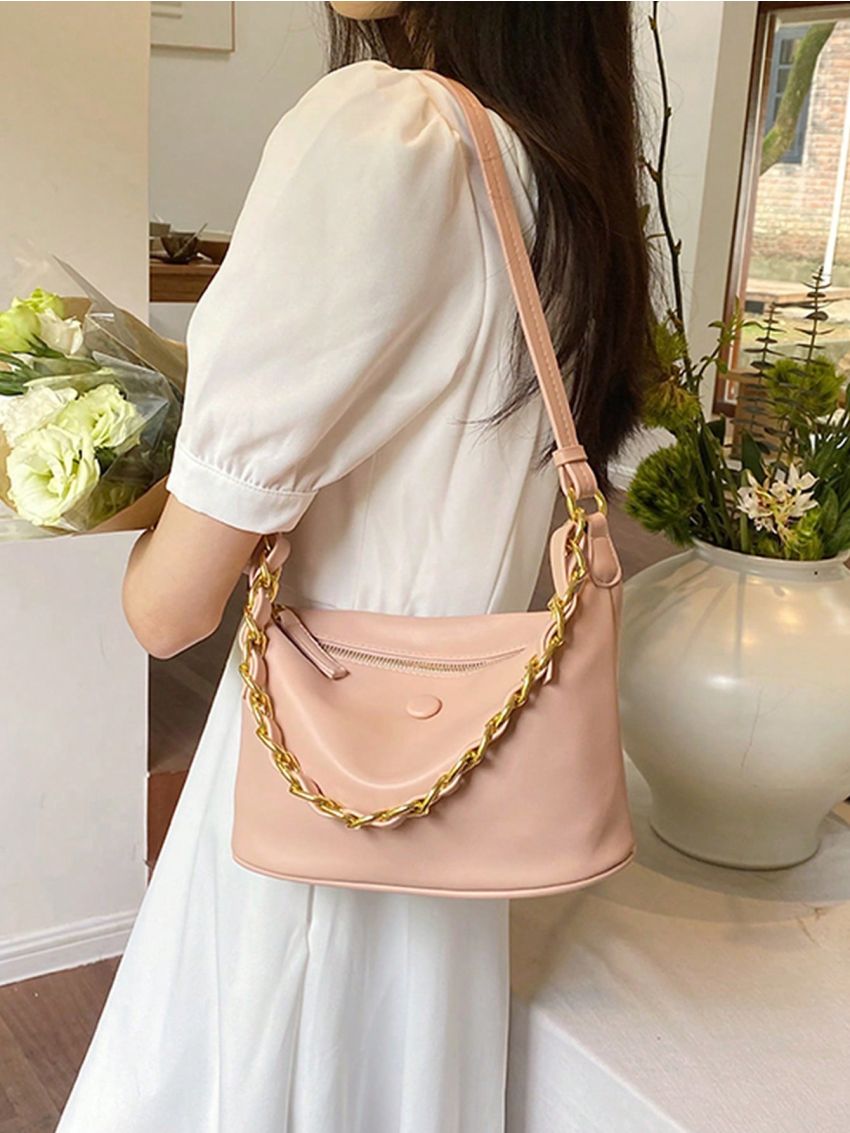 Pink Hobo Bag Fashionable Chain Decor PU