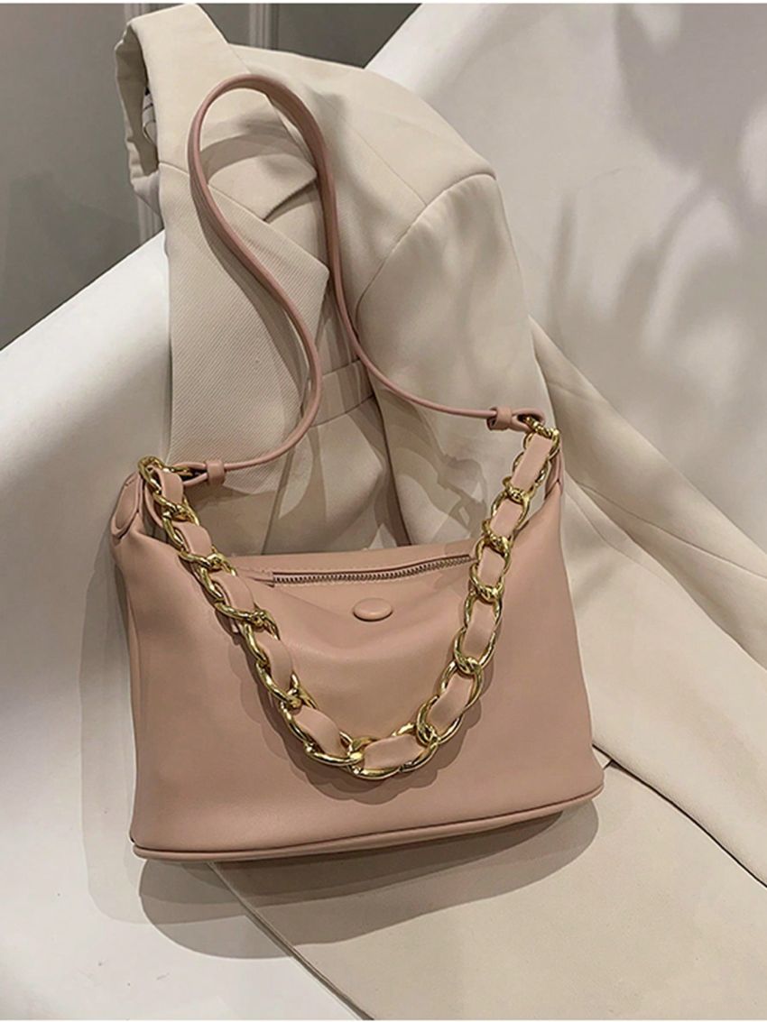 Pink Hobo Bag Fashionable Chain Decor PU