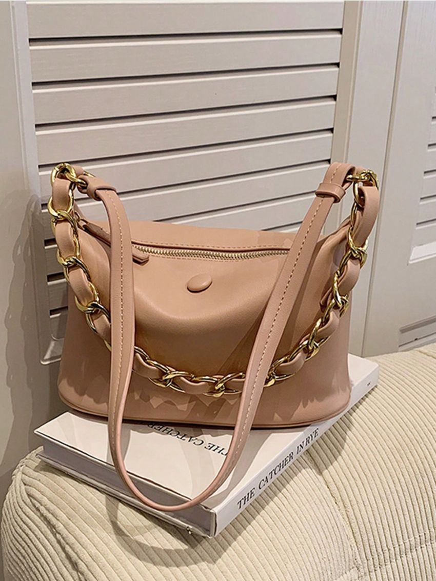 Pink Hobo Bag Fashionable Chain Decor PU