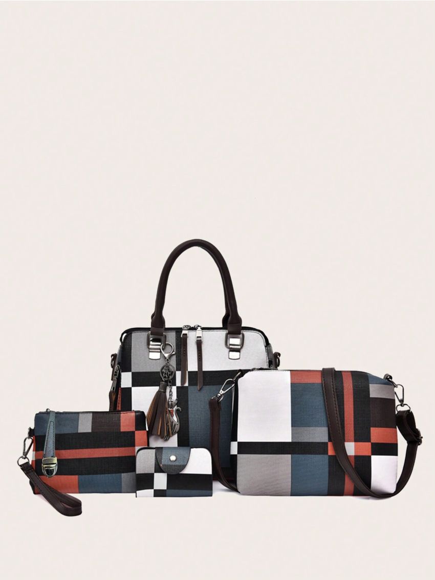 4pcs Bag Set Satchel Crossbody Bag Square Bag Coin Purse Black PU, Mothers Day Gift For Mom