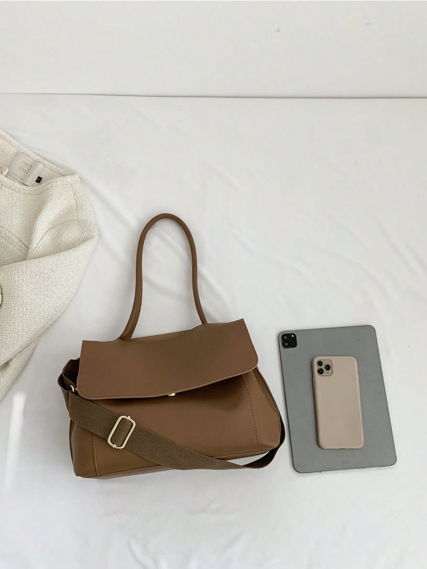 Small Flap Shoulder Bag Solid Brown Minimalist