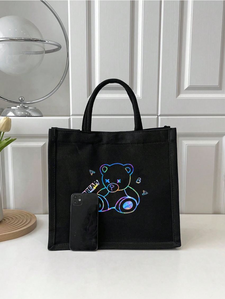 Cartoon & Letter Graphic Shopper Bag Preppy