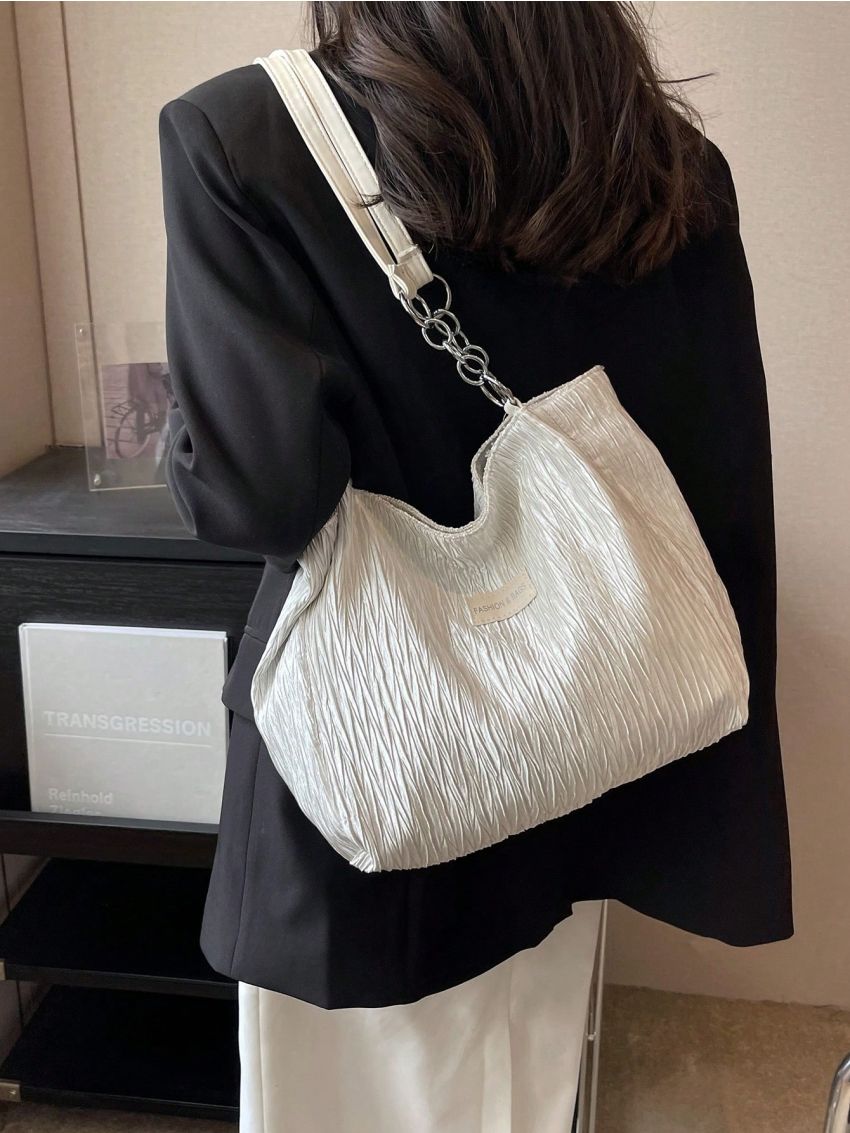 Letter Patch Decor Textured Square Bag Double Handle