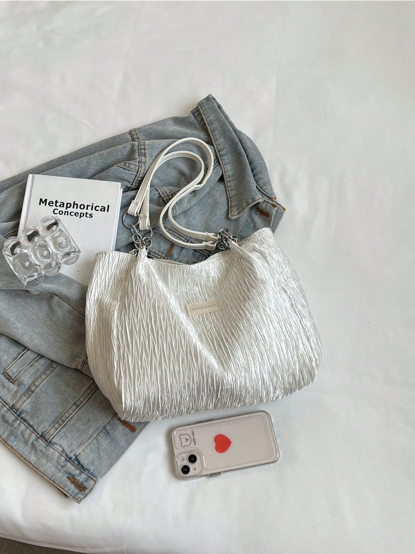 Letter Patch Decor Textured Square Bag Double Handle