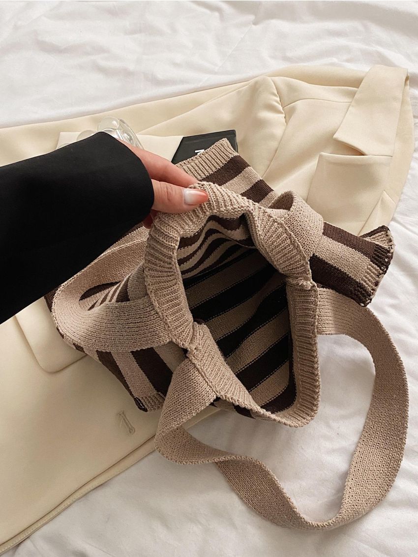 Striped Pattern Crochet Bag Shirt Design Double Handle