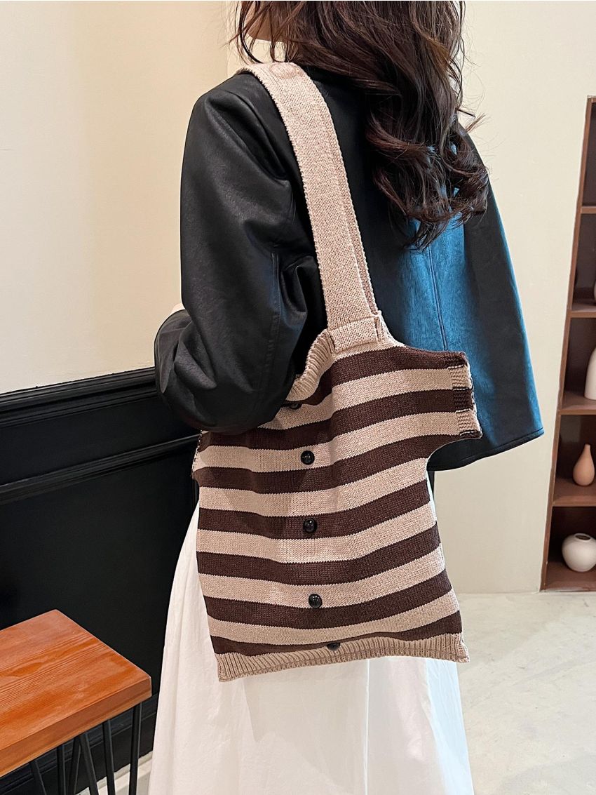 Striped Pattern Crochet Bag Shirt Design Double Handle