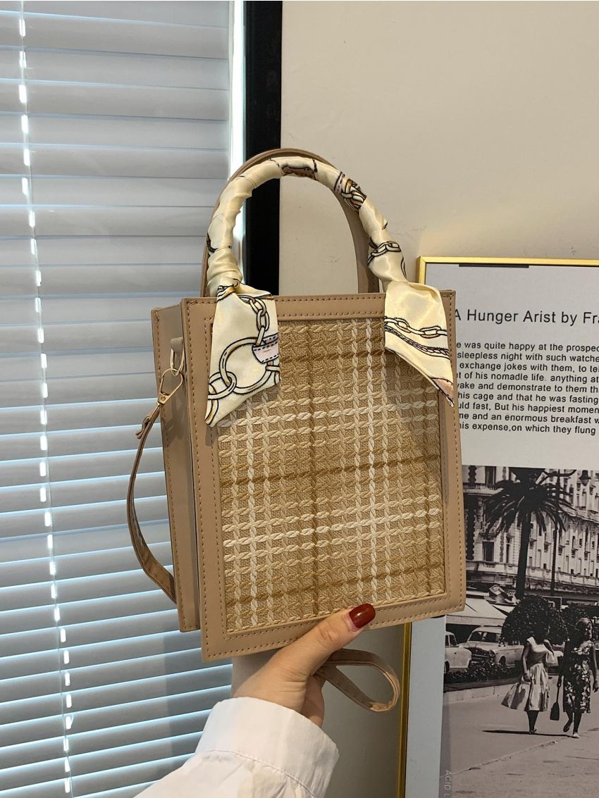 Tweed Handbag For Women, Plaid Pattern Crossbody Bag, Fashion Vertical Satchel Bag