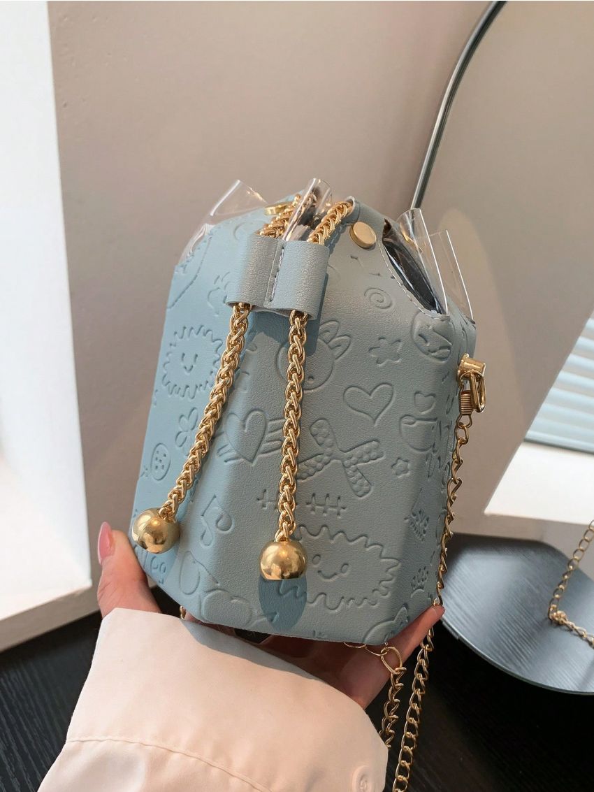 Mini Cartoon Embossed Bucket Bag Drawstring Design Chain Strap