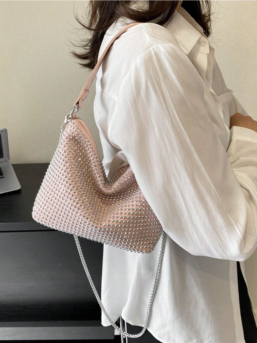 Studded Decor Chain Hobo Bag Small Zipper Pink