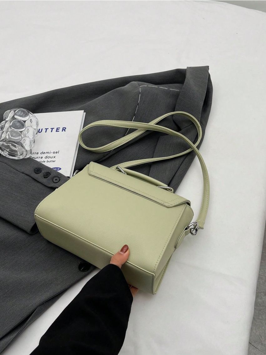 Green Flap Square Bag Fashionable Top Handle PU