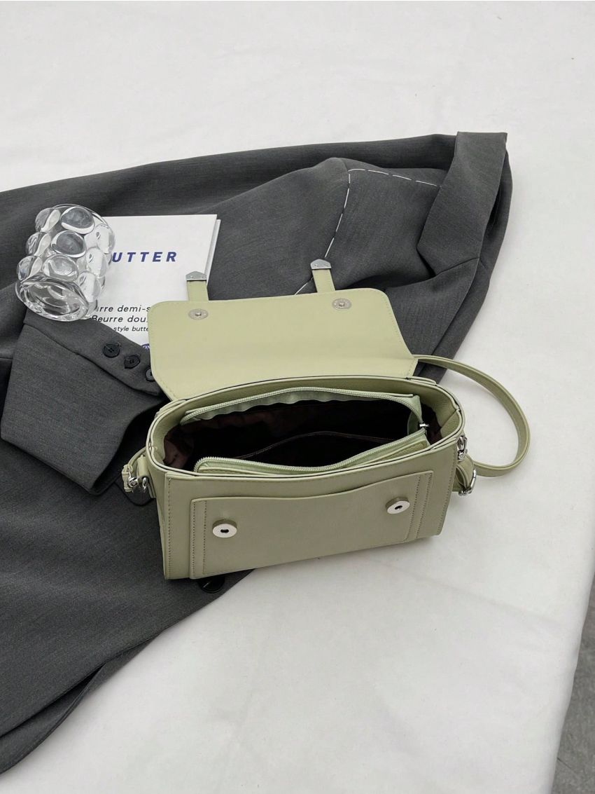 Green Flap Square Bag Fashionable Top Handle PU