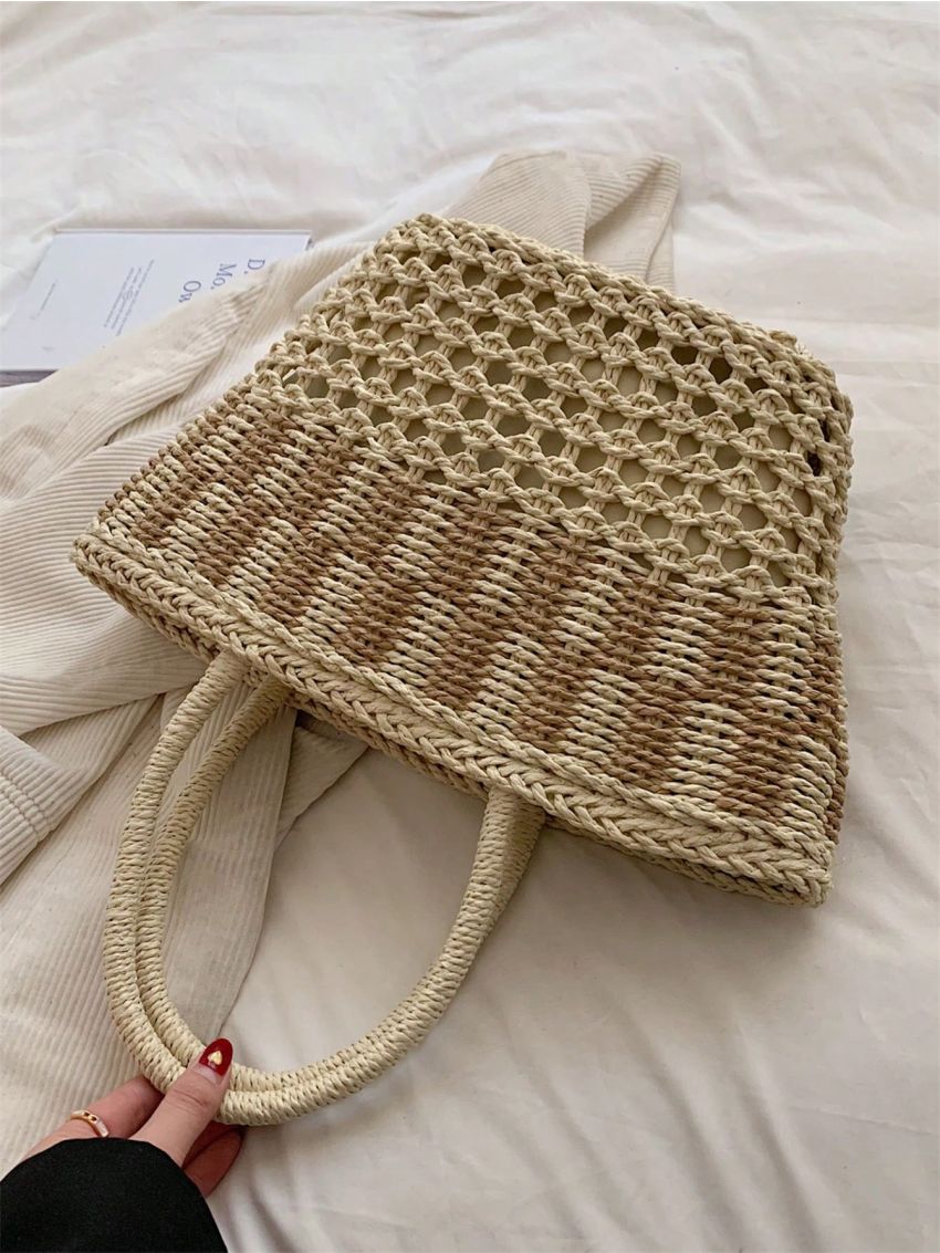 Large Straw Bag Color Block Hollow Out Vacation Double Handle