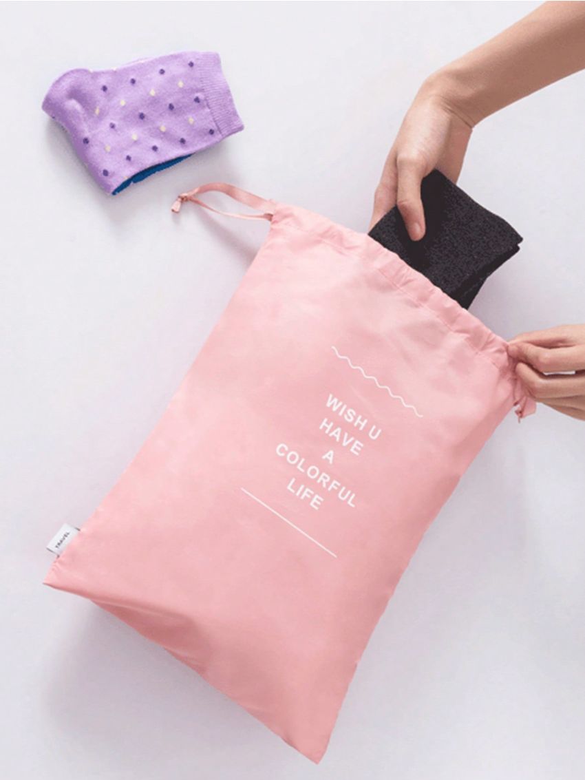 7pcs Slogan Graphic Travel Storage Bag Pink Zipper Polyester