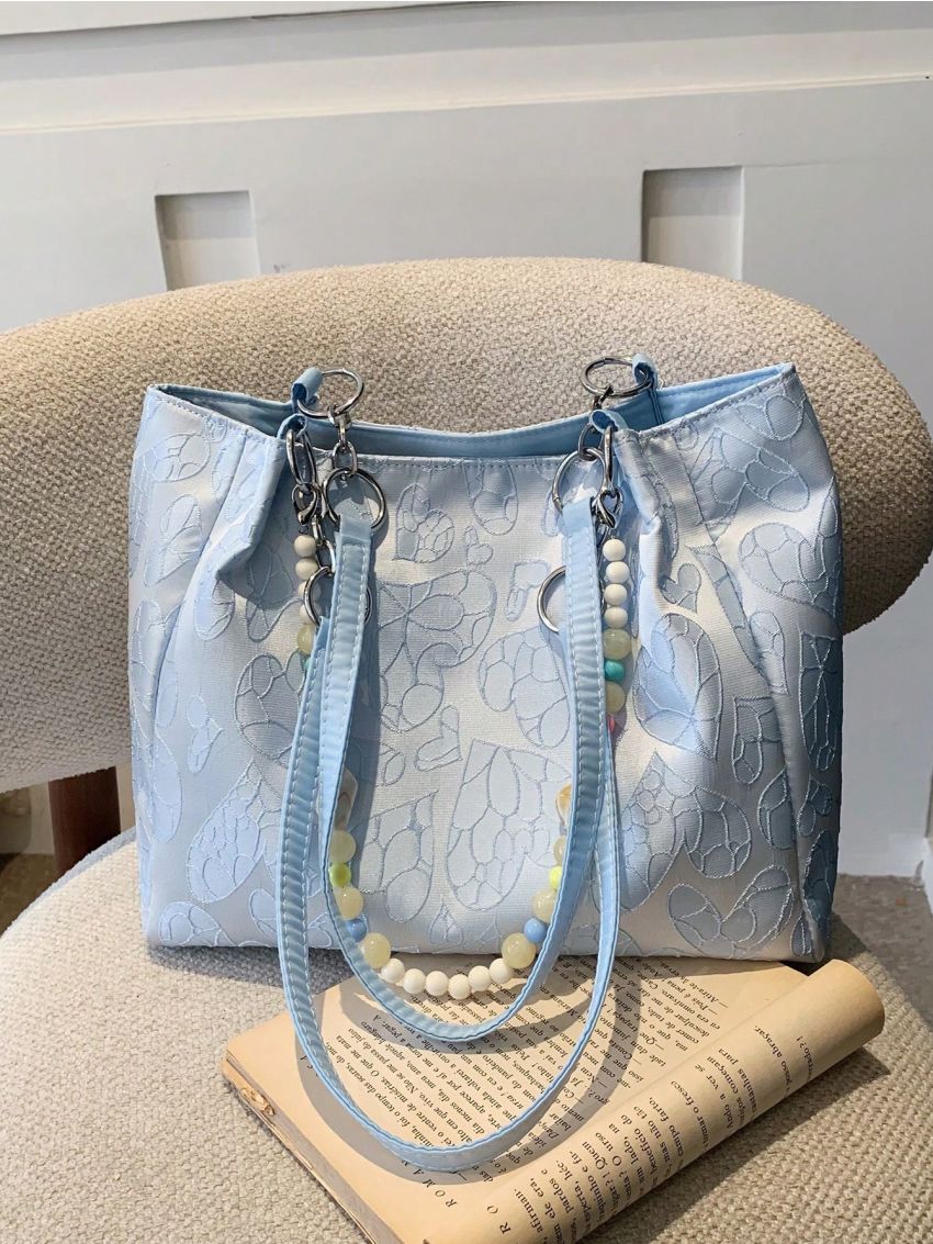 Small Shoulder Tote Bag Fashion Heart Pattern Beaded Decor PU