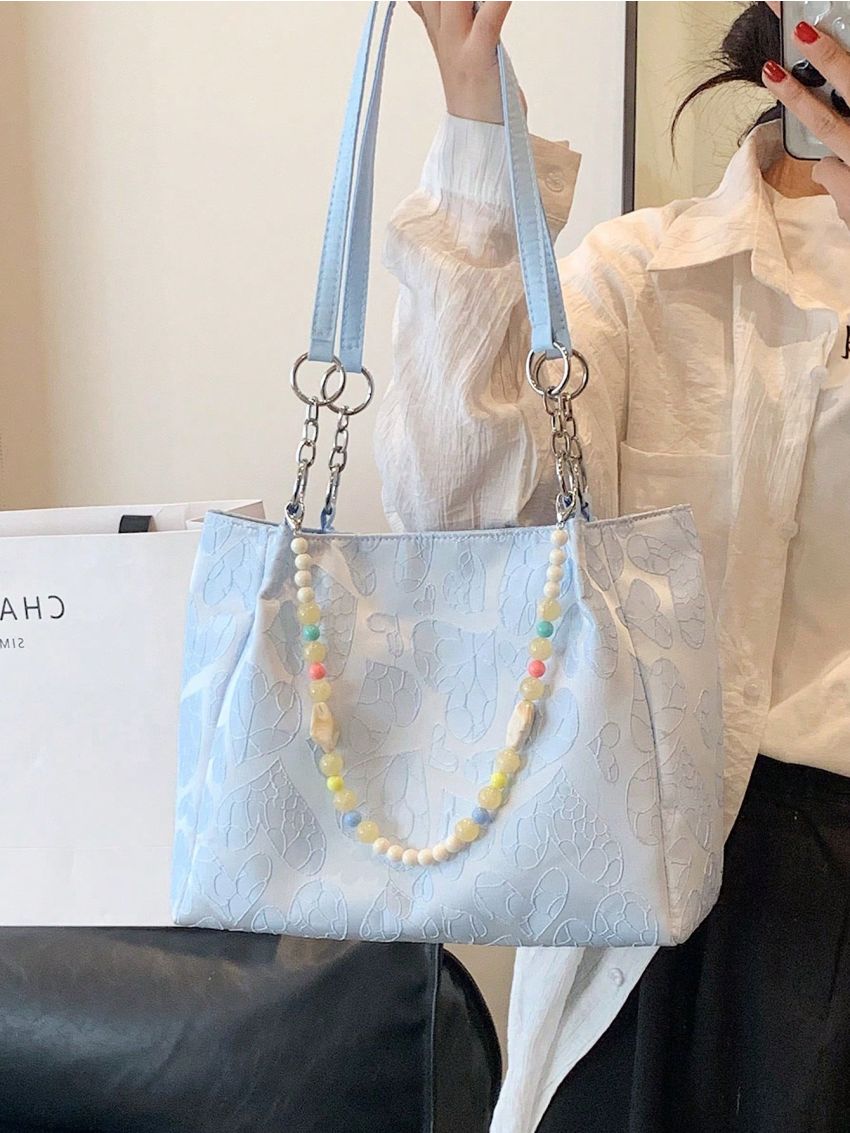 Small Shoulder Tote Bag Fashion Heart Pattern Beaded Decor PU