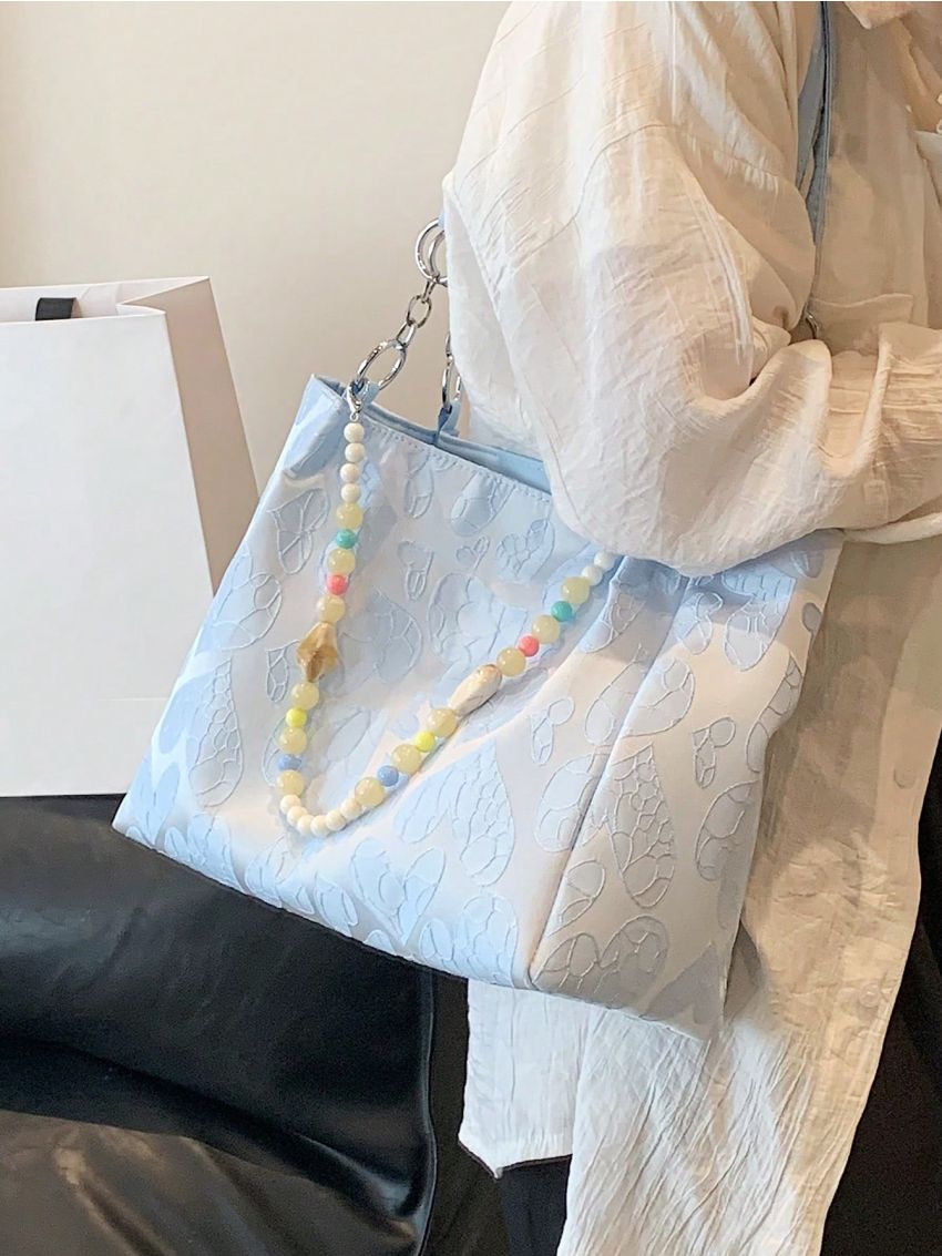 Small Shoulder Tote Bag Fashion Heart Pattern Beaded Decor PU