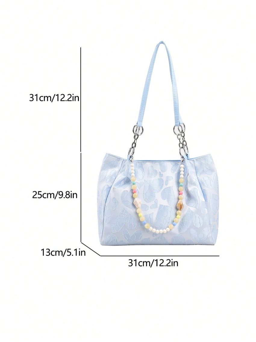 Small Shoulder Tote Bag Fashion Heart Pattern Beaded Decor PU