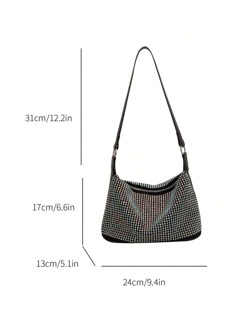 Small Hobo Bag Glamorous Rhinestone Decor Zipper PU