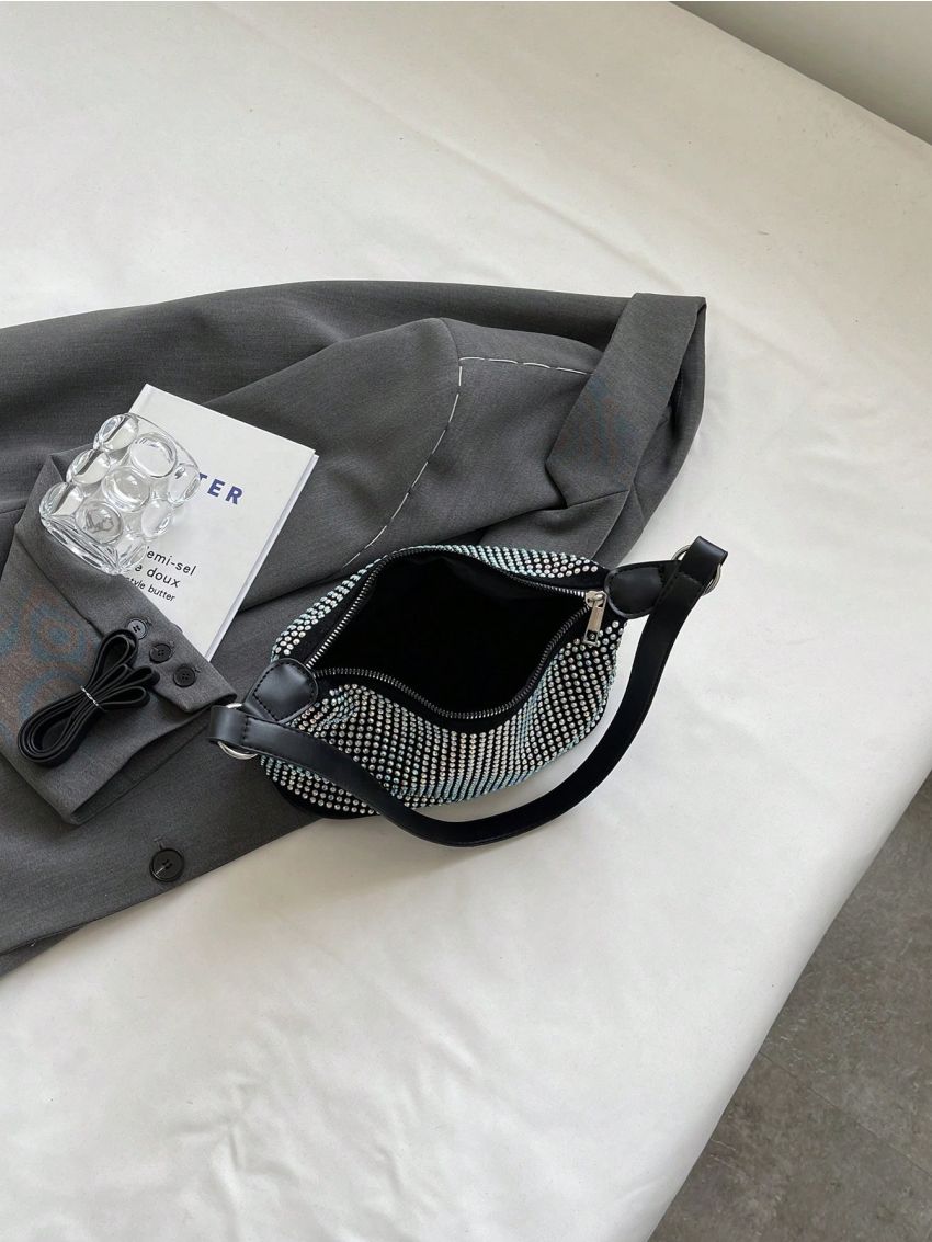 Small Hobo Bag Glamorous Rhinestone Decor Zipper PU