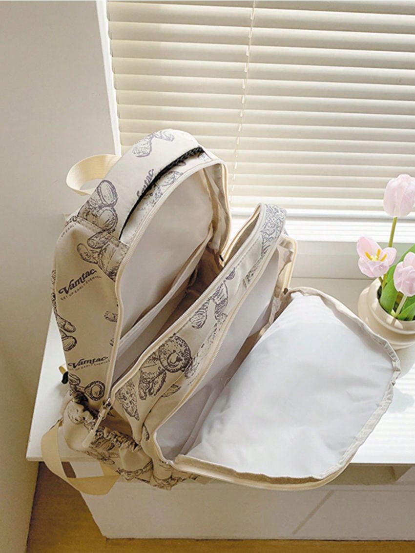 Bear Pattern Classic Backpack Patch Detail Preppy