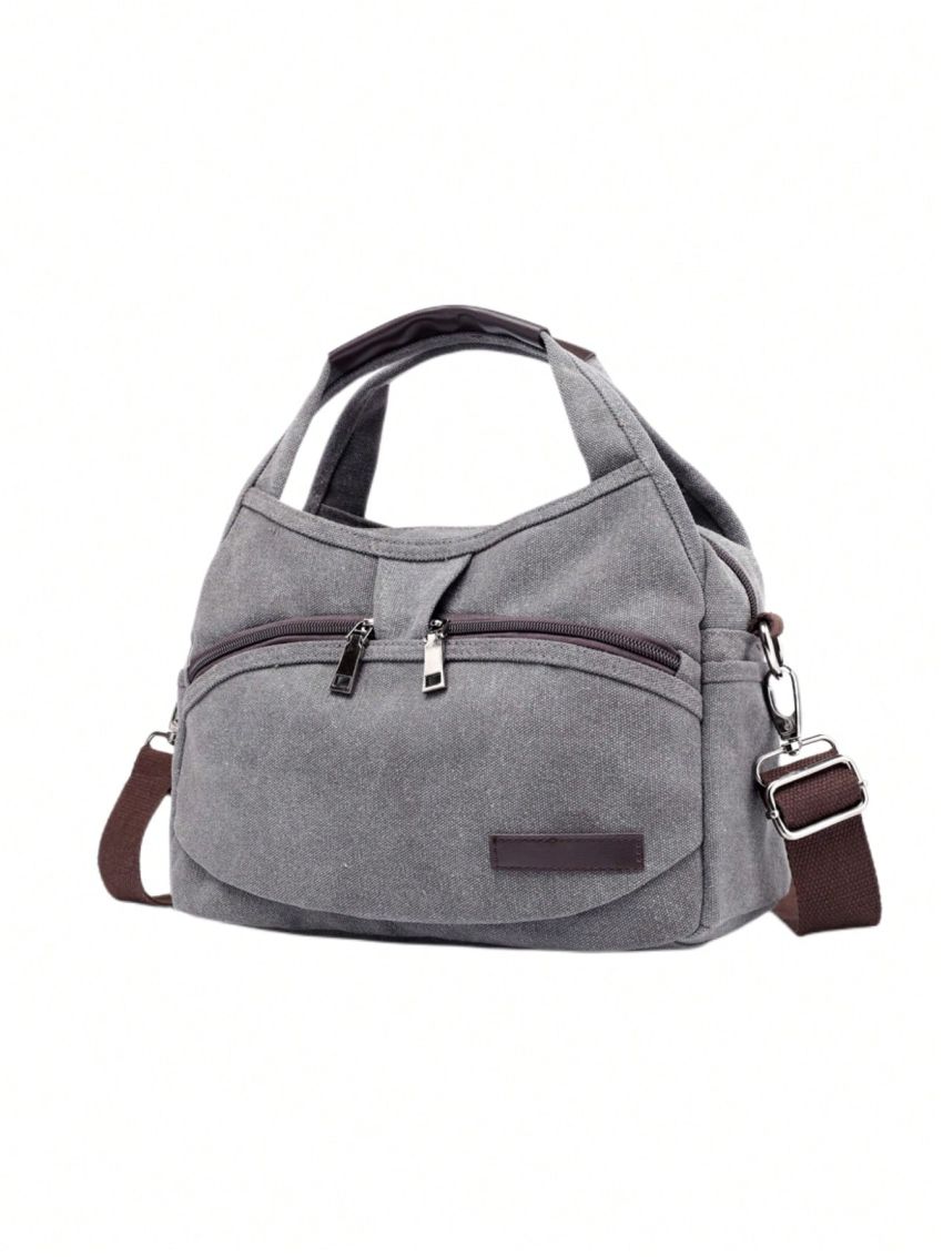 Canvas Satchel Bag Grey Patch Detail Casual
