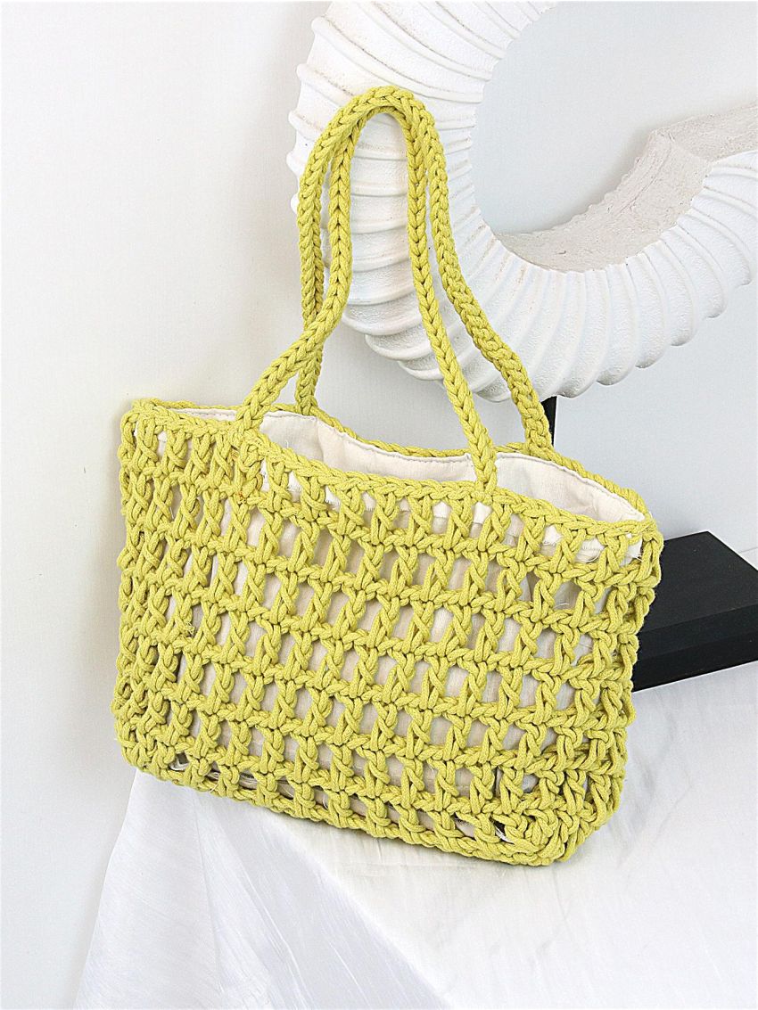 Hollow Out Crochet Bag Green Double Handle For Vacation