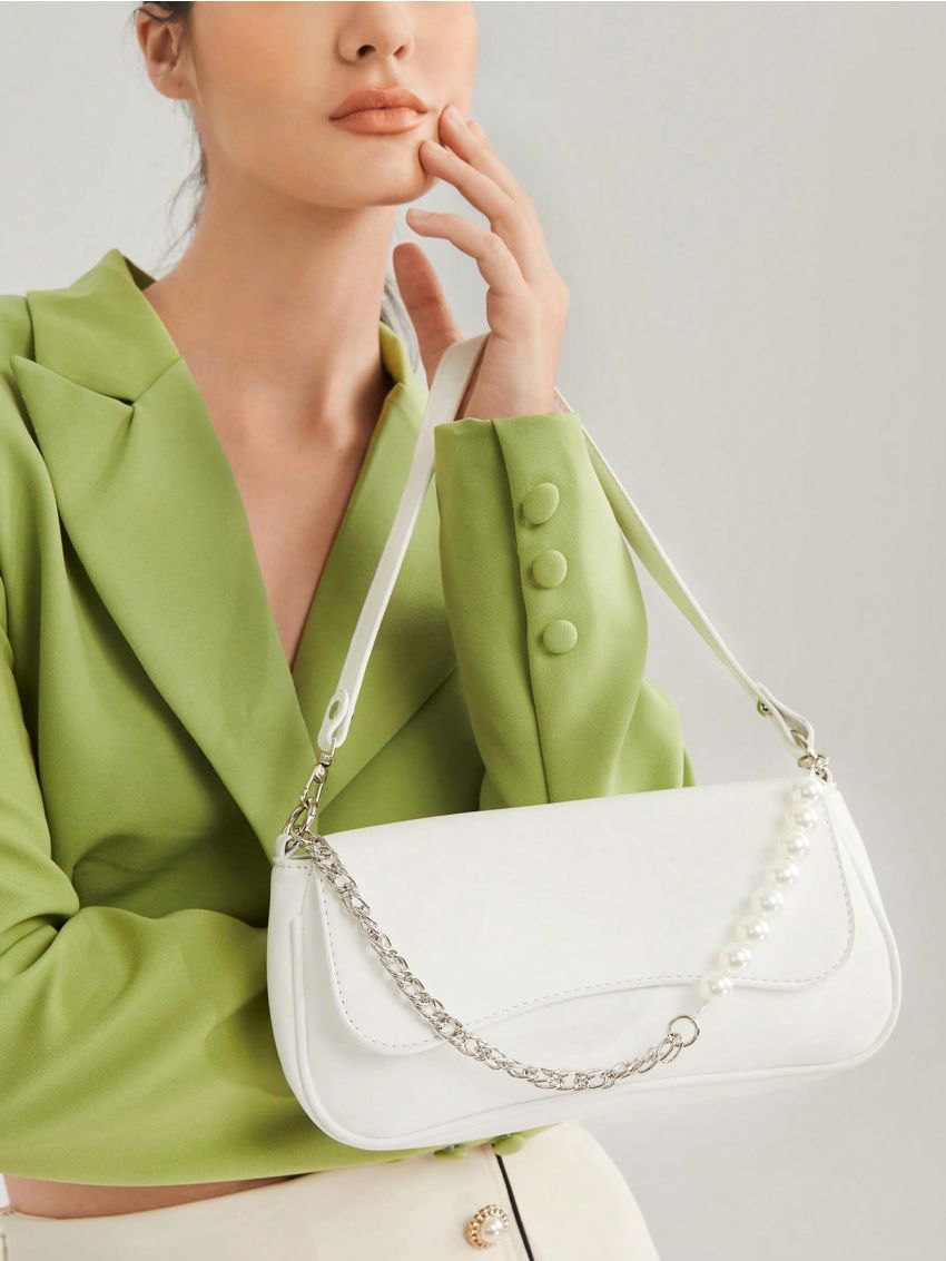 BIZwear Medium Baguette Bag Faux Pearl Decor Flap