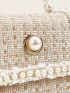 Mini Faux Pearl Decor Tweed Satchel Bag