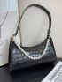 Faux Pearl Decor Croc Embossed Shoulder Bag