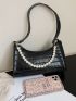 Faux Pearl Decor Croc Embossed Shoulder Bag